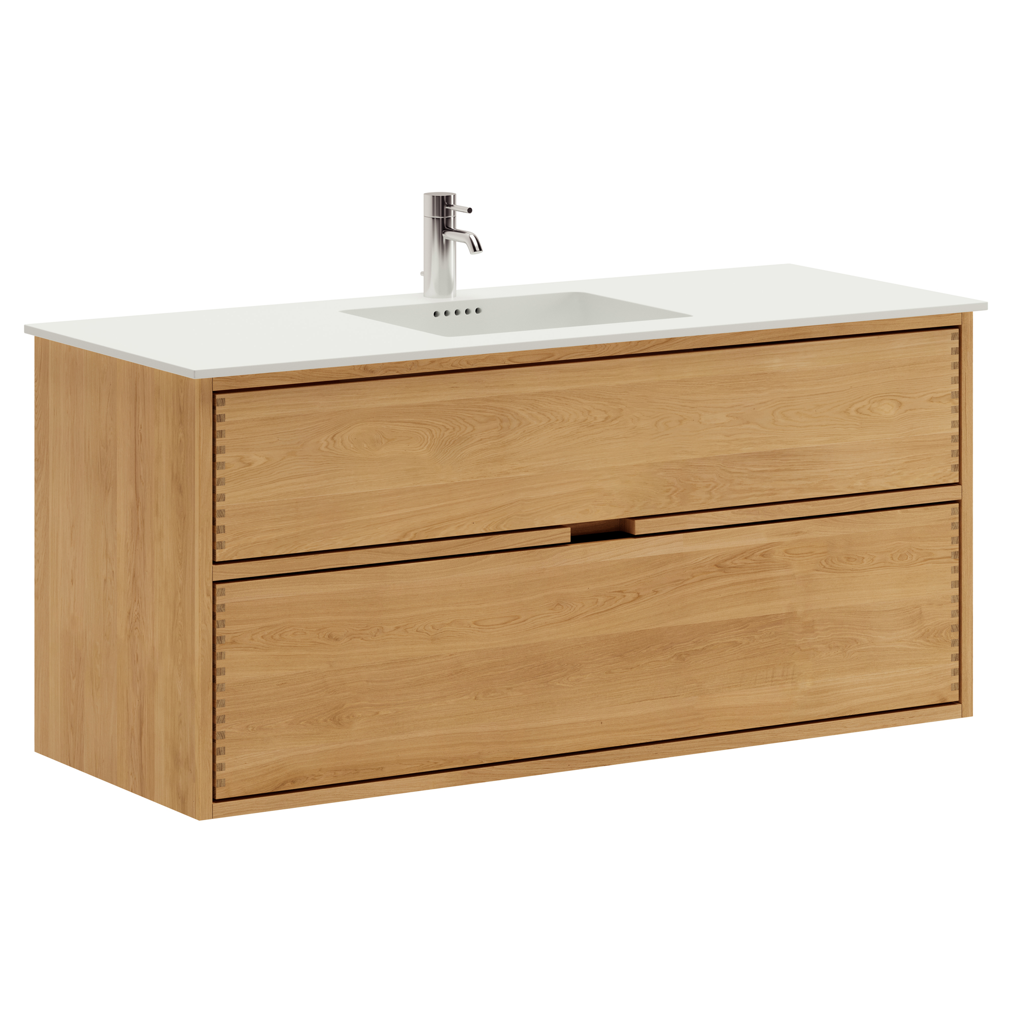 120 cm Ljusoljad Just Wood badeværelsesmøbel med 2 skuffer og Solid Surface bordplade