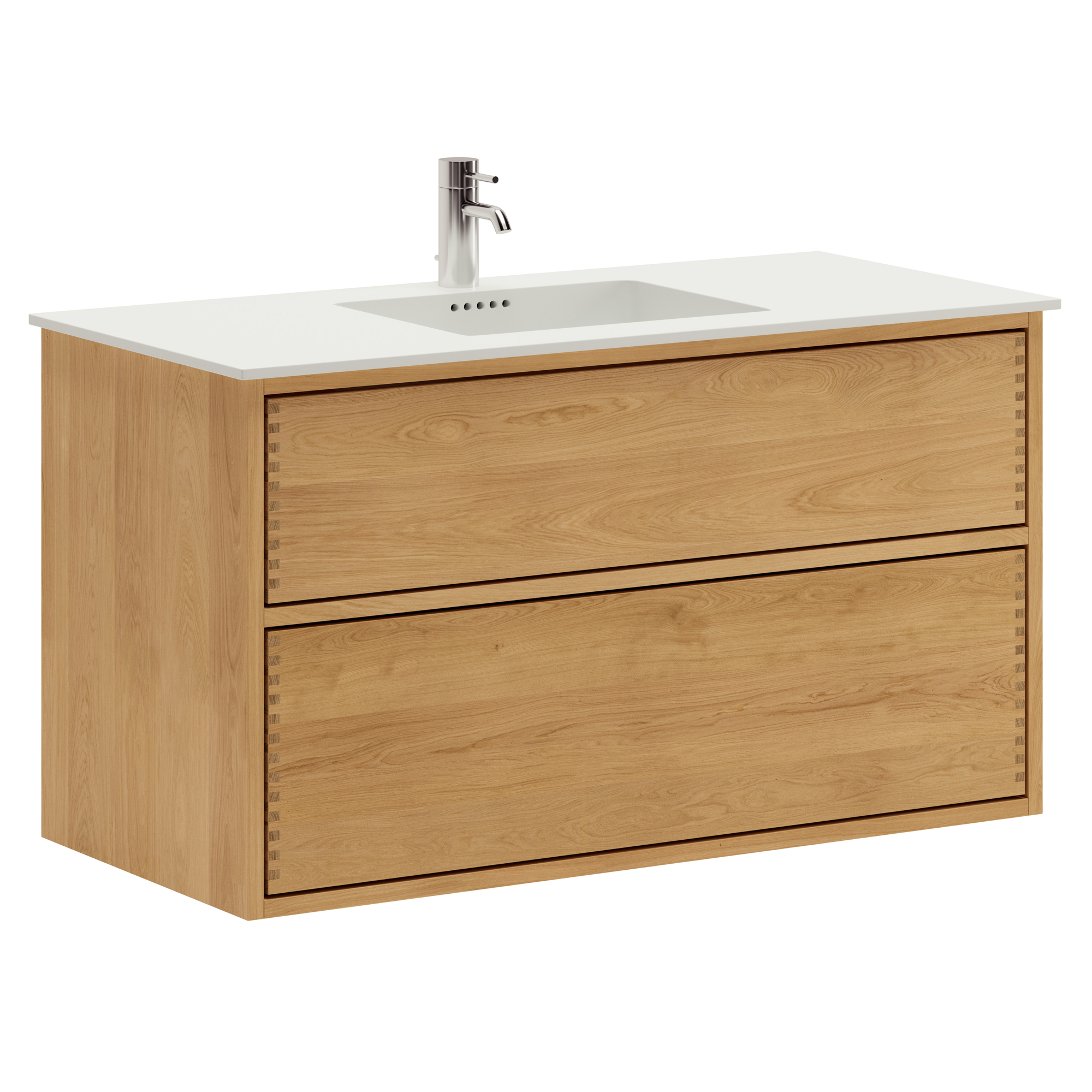 100 cm Ljusoljad Just Wood Push badrumsmöbel med 2 lådor och Solid Surface bänkskiva