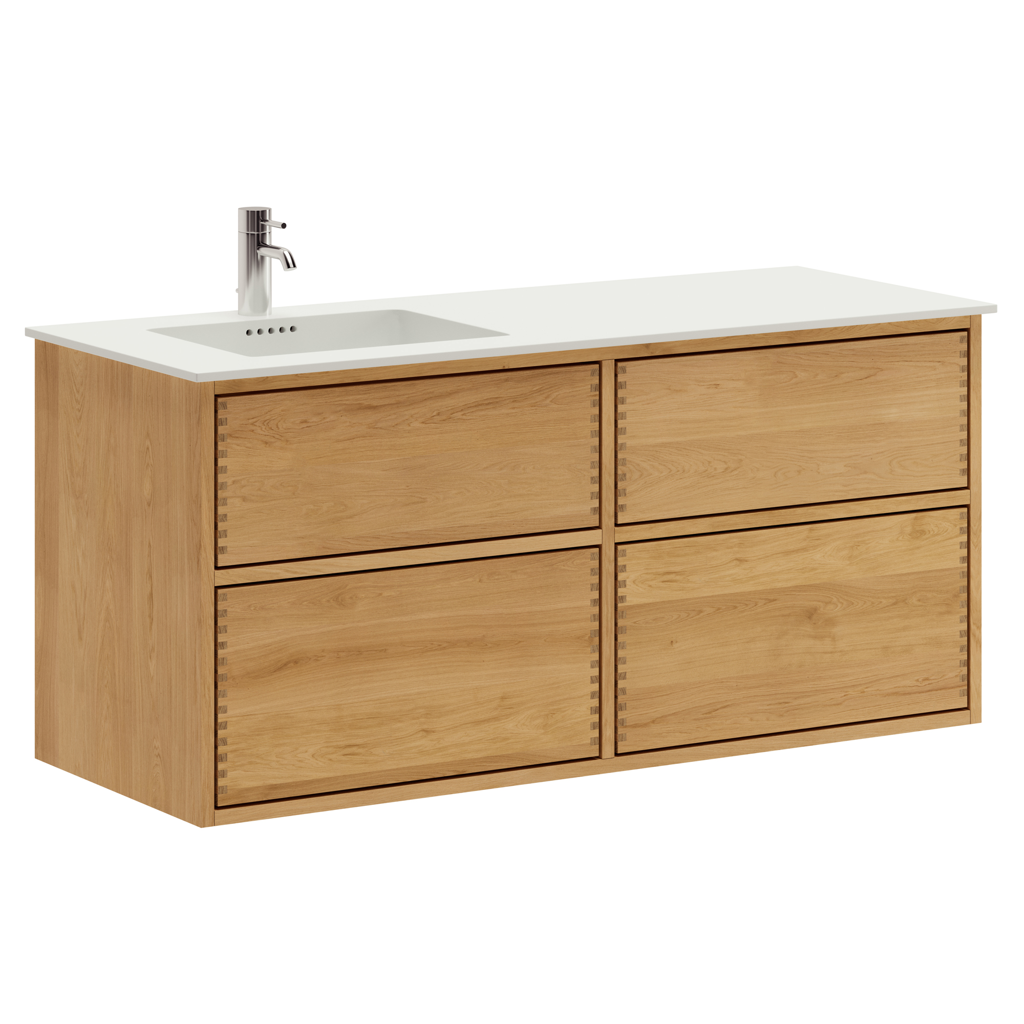 120 cm Ljusoljeret Just Wood Push badrumsmöbel med 4 lådor och Solid Surface bänkskiva - Vänster