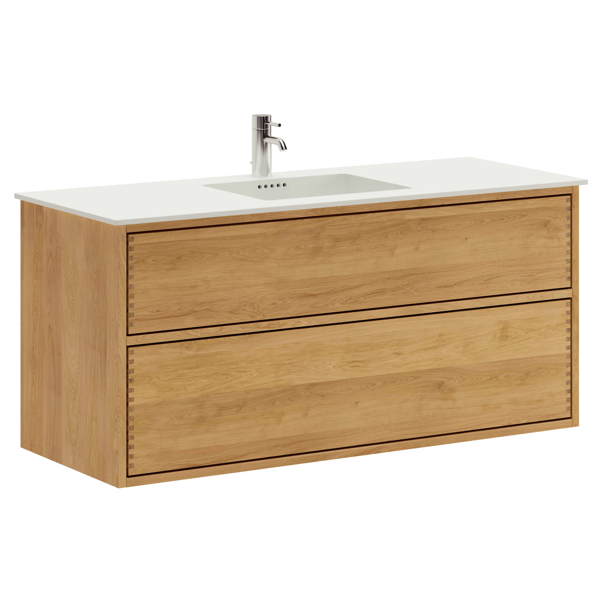 120 cm Ljusoljad Just Wood Push badrumsmöbel med 2 lådor och Solid Surface bänkskiva