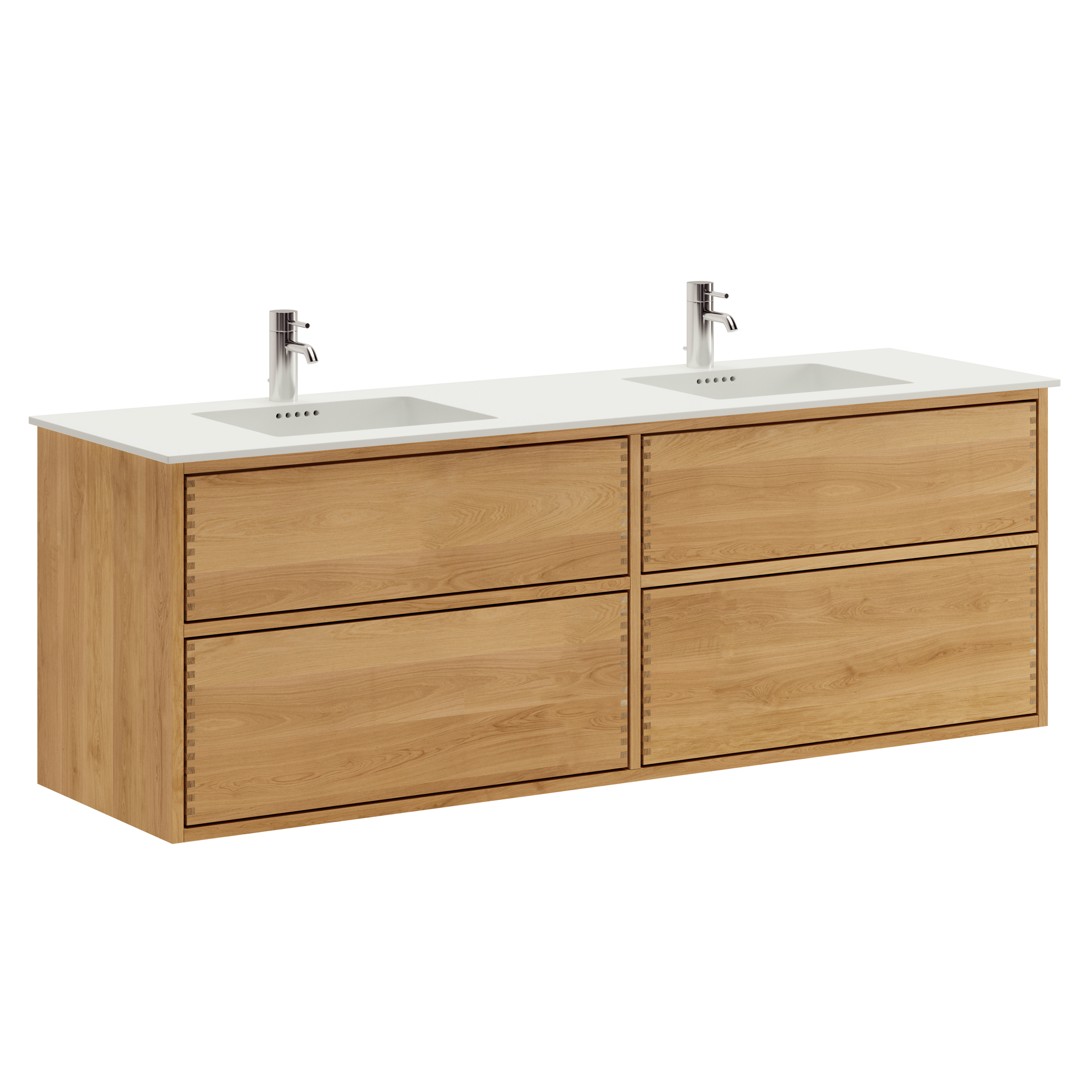 160 cm Ljusoljad Just Wood Push badrumsmöbel med 4 lådor och Solid Surface bänkskiva - Dubbel tvättställ