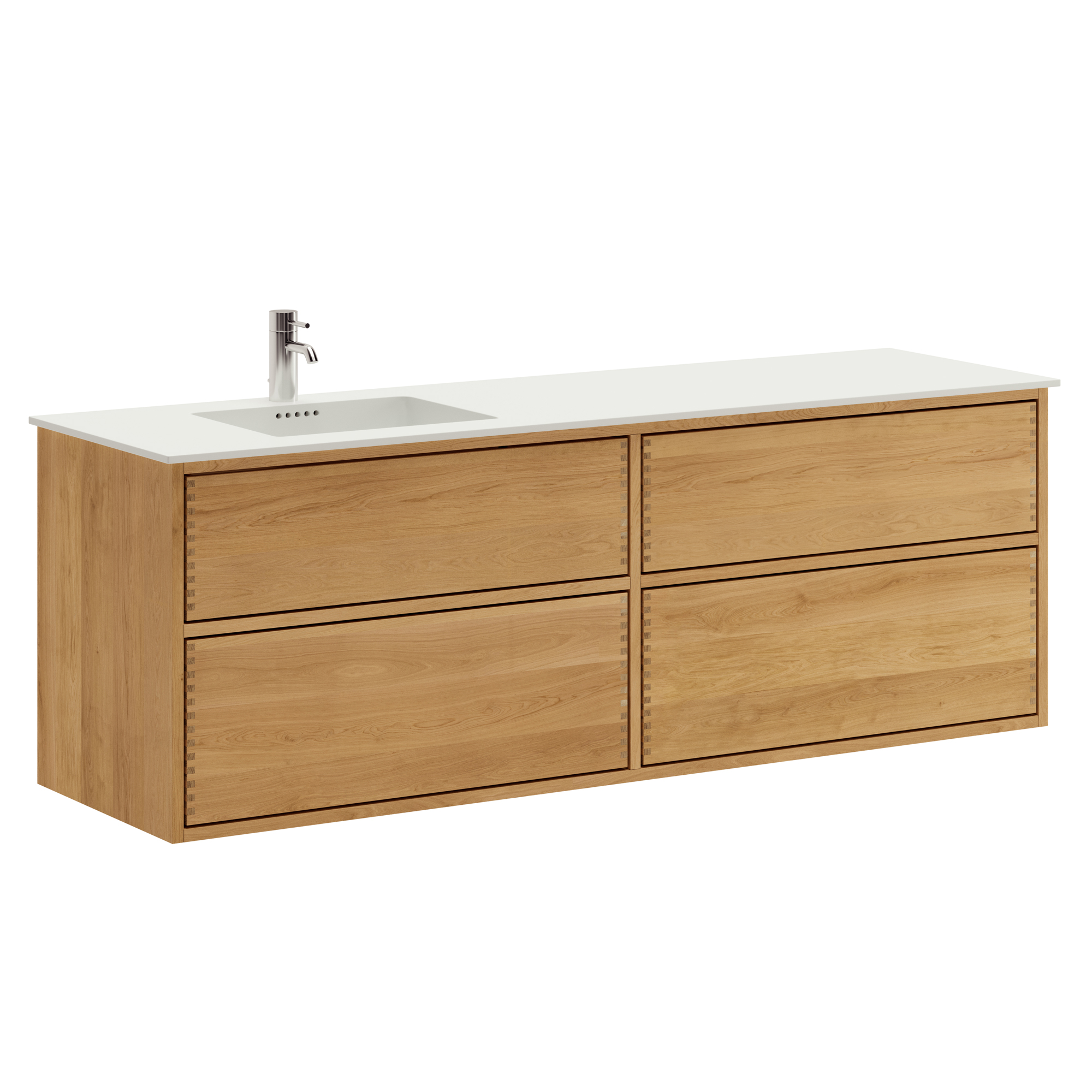 160 cm Ljusoljeret Just Wood Push badrumsmöbel med 4 lådor och Solid Surface bänkskiva - Vänster