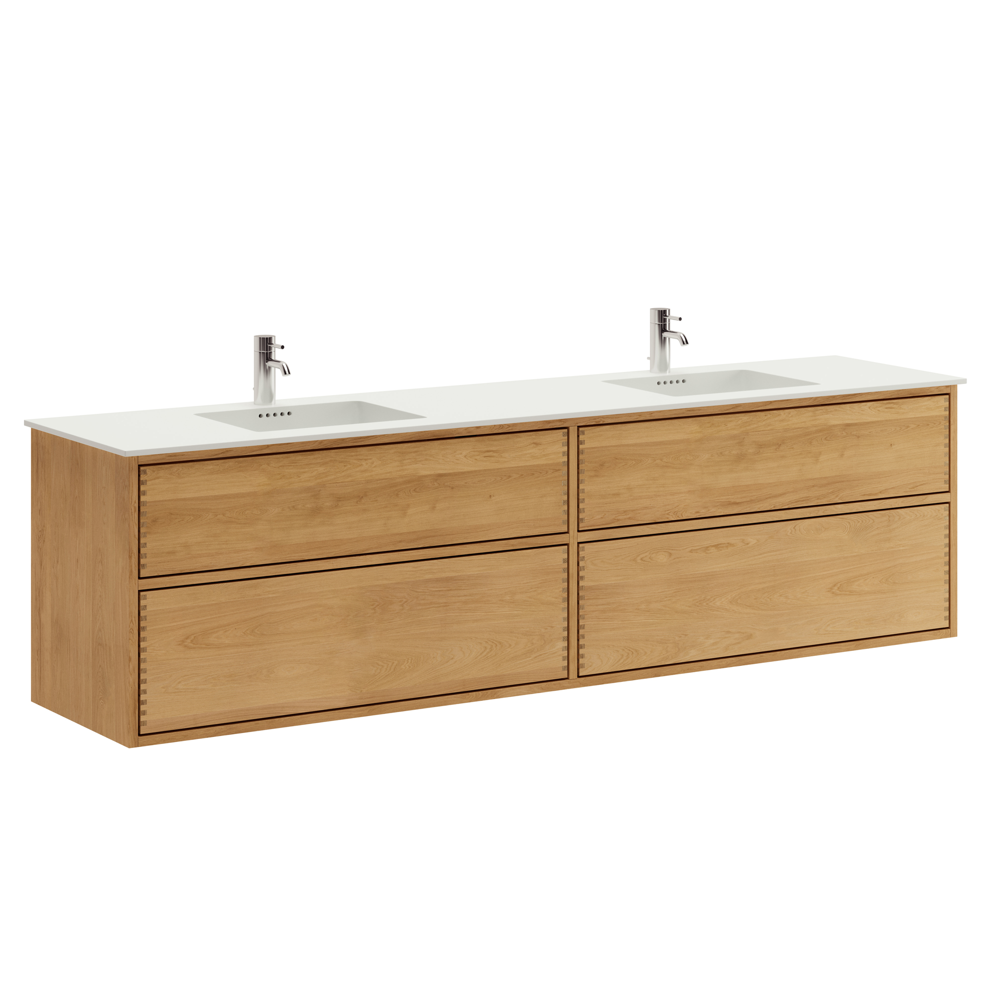 200 cm Ljusoljad Just Wood Push badmöbel med 4 lådor och Solid Surface bänkskiva - Dubbel tvättställ
