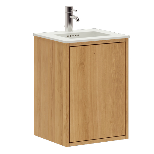 40 cm Ljusoljeret Just Wood Slim badrumsmöbel med 1 låge og Solid Surface bordsskiva