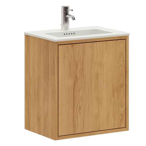 50 cm Ljusoljeret Just Wood Slim badrumsmöbel med 1 låge og Solid Surface bordsskiva
