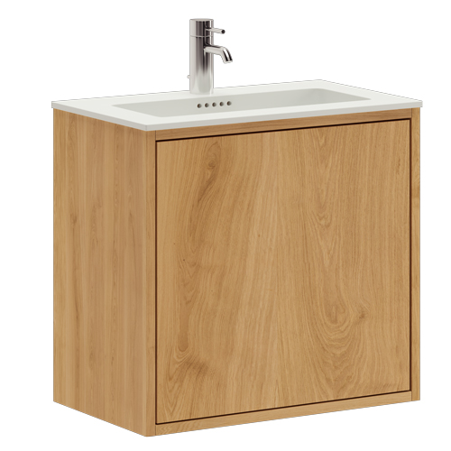 60 cm Ljusoljeret Just Wood Slim badrumsmöbel med 1 låge og Solid Surface bordsskiva