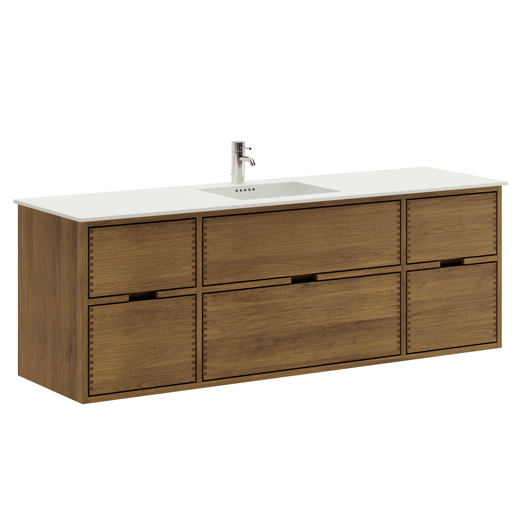 160 cm Mörkoljerad Just Wood badrumsmöbel med 6 lådor och Solid Surface bänkskiva