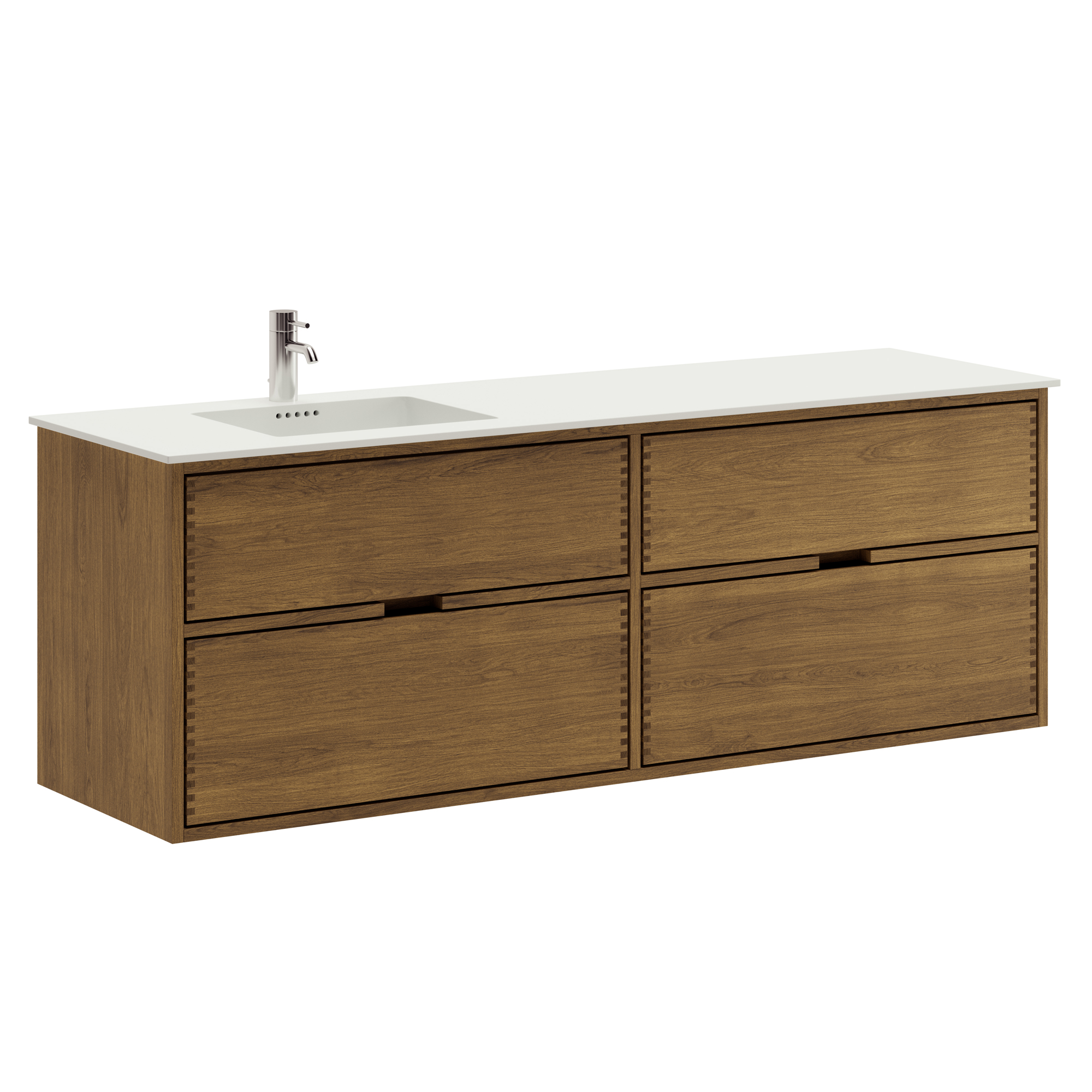 160 cm Mörkoljerad Just Wood badrumsmöbel med 4 lådor och Solid Surface bänkskiva - Vänster