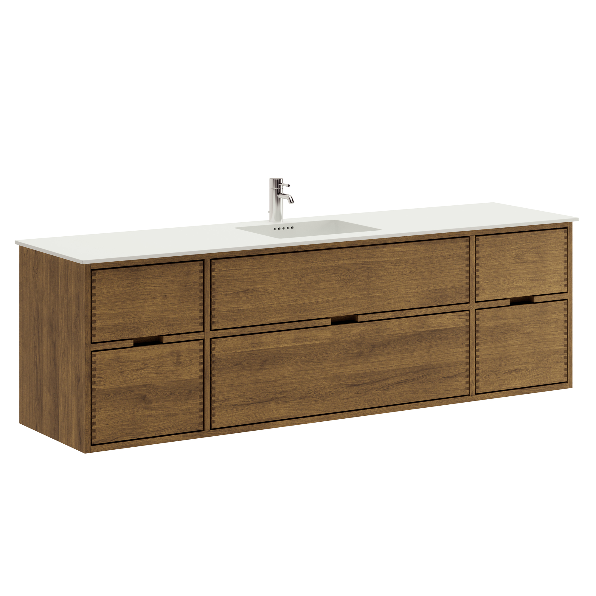 180 cm Mörkoljerad Just Wood badrumsmöbel med 6 lådor och Solid Surface bänkskiva