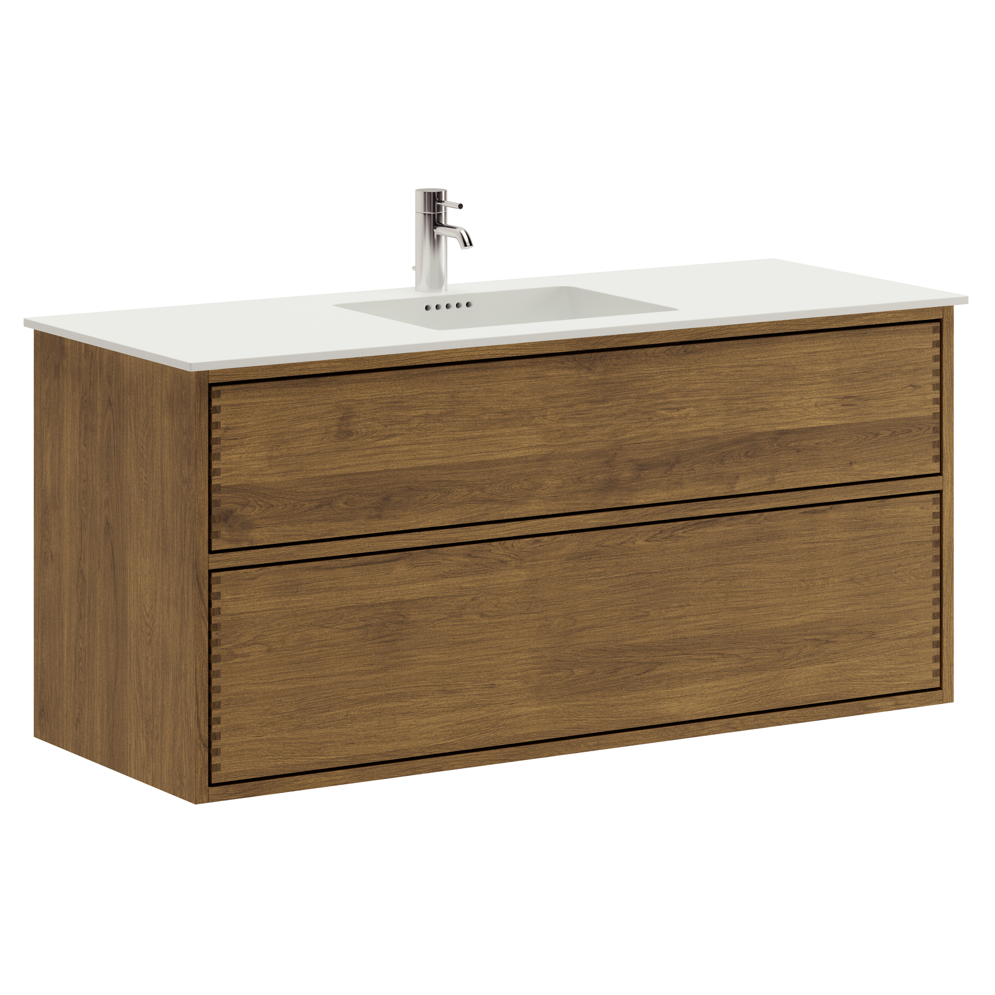 120 cm Mörkoljerad Just Wood Push badrumsmöbel med 2 lådor och Solid Surface bänkskiva