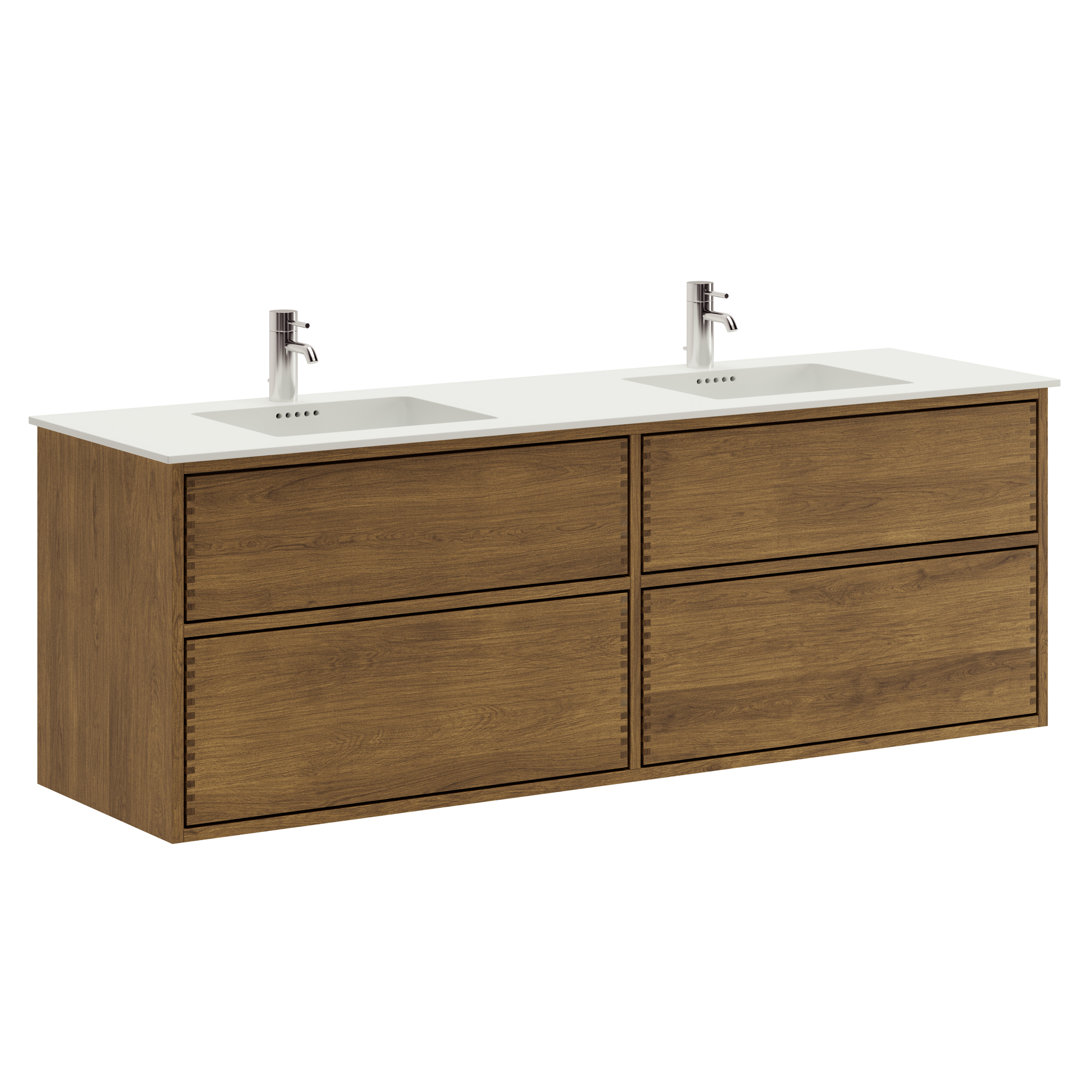 160 cm Mörkoljerad Just Wood Push badeværelsesmøbel med 4 skuffer og Solid Surface bordplade - Dobbeltvask