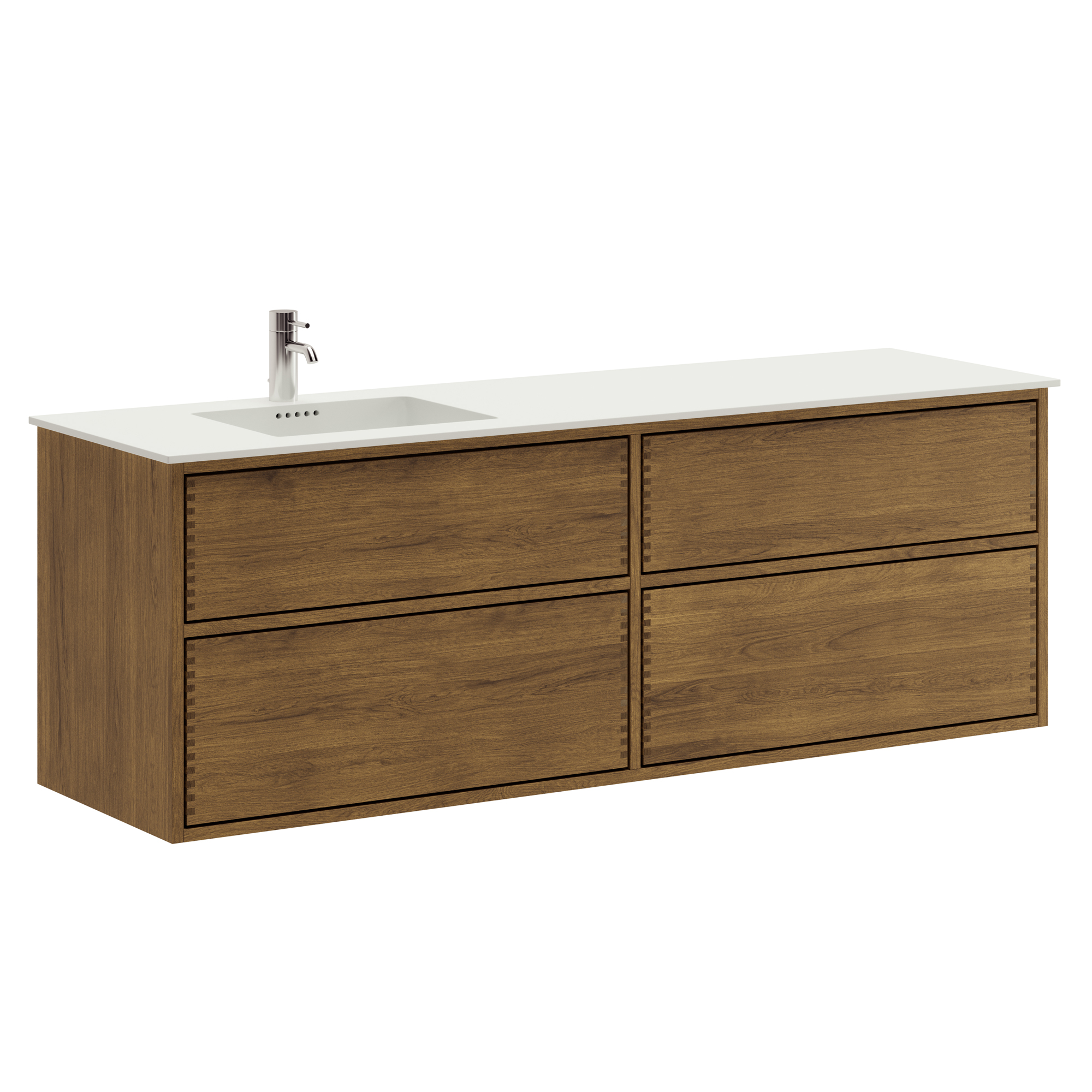 160 cm Mörkoljerad Just Wood Push badrumsmöbel med 4 lådor och Solid Surface bänkskiva - Vänster