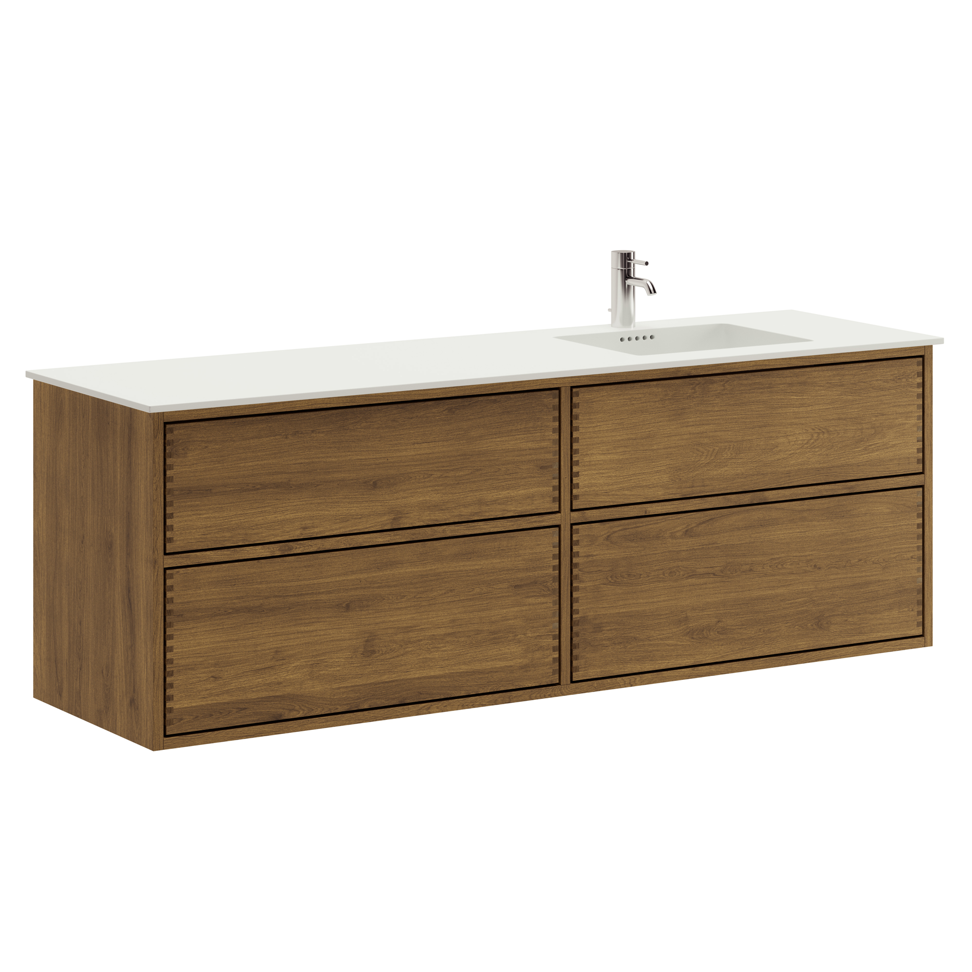 160 cm Mörkoljeret Just Wood Push badrumsmöbel med 4 lådor och Solid Surface bänkskiva - Höger