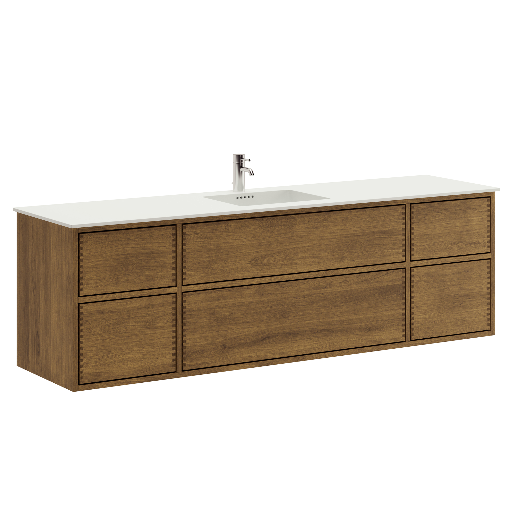 180 cm Mörkoljerad Just Wood Push badrumsmöbel med 6 lådor och Solid Surface bänkskiva