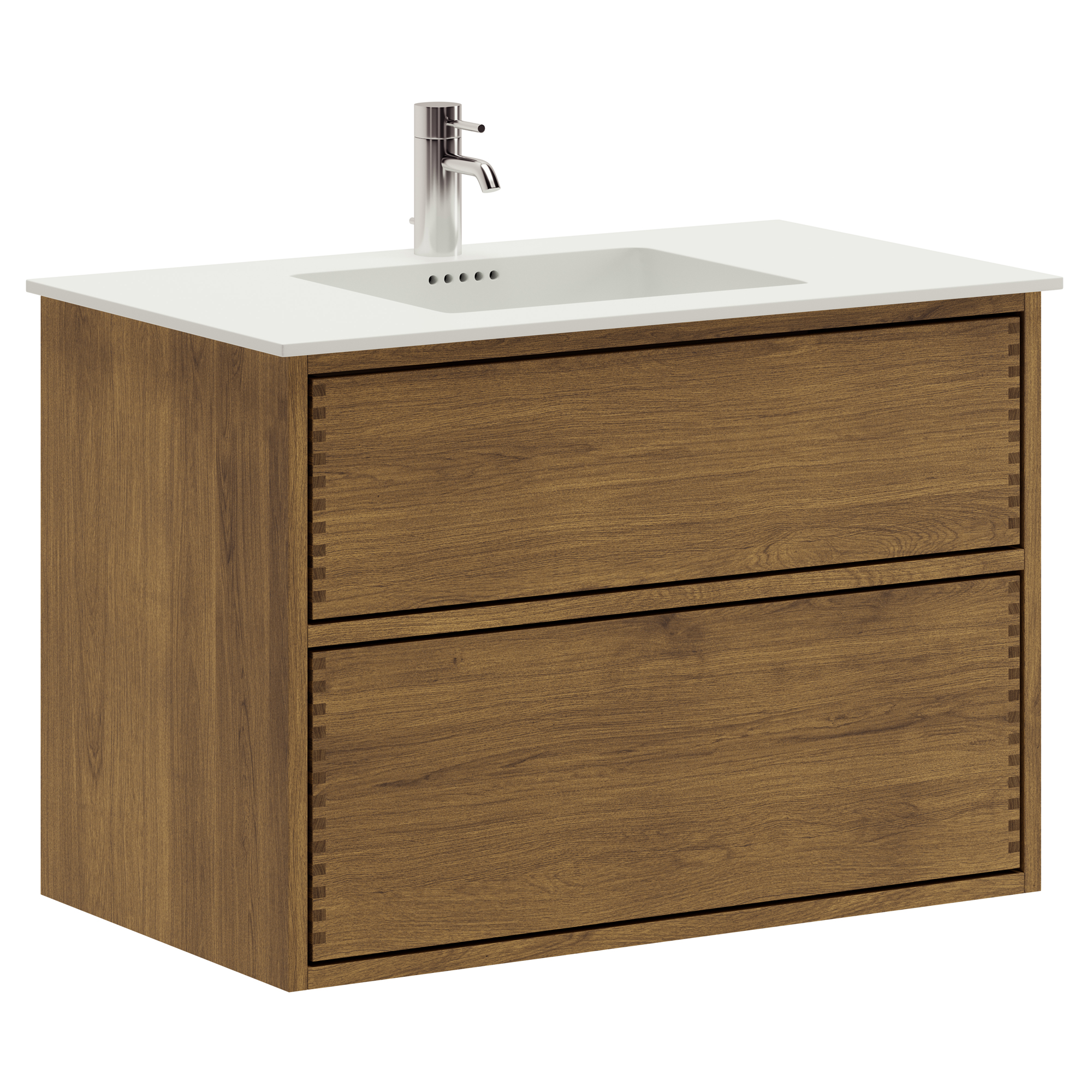 80 cm Mörkoljerad Just Wood Push badeværelsesmøbel med 2 skuffer og Solid Surface bordplade