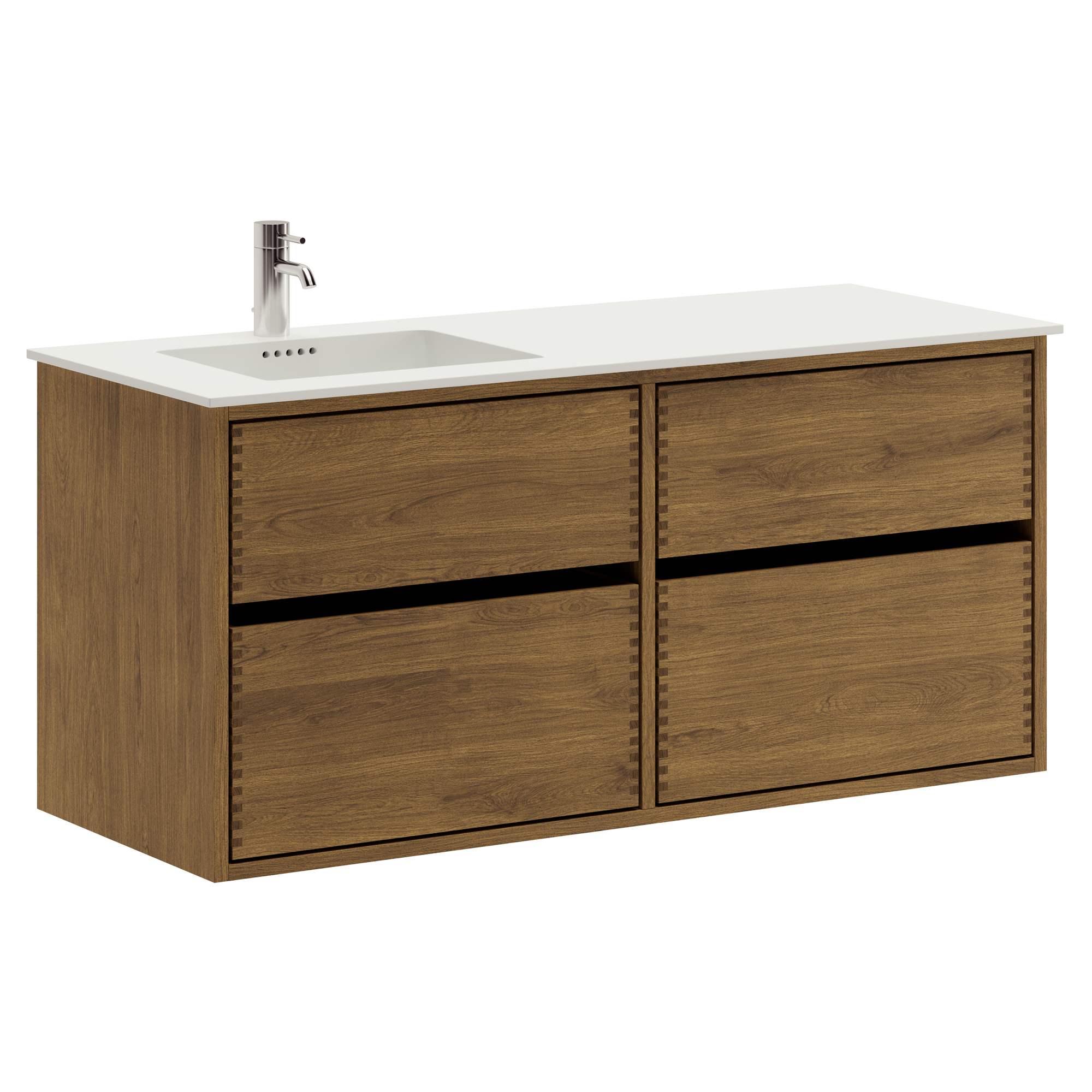 120 cm Mörkoljeret Just Wood Original badrumsmöbel med 4 lådor och Solid Surface bänkskiva - Vänster